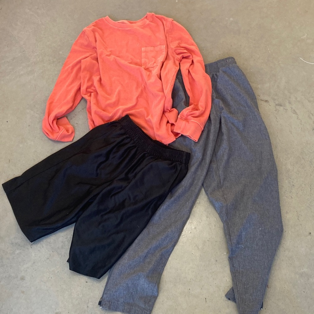 lot boys med 10 12. Orange cotton long sl top. Poly joggers gray. Black shorts